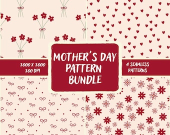 Mother's Day Seamless Patterns | Hearts, Flowers, Bows Digital Paper (Digital Download)