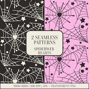 May include: Two seamless digital patterns featuring spiderweb hearts and stars. The left side shows white webs and stars on a black background, while the right side shows black webs and stars on a pink background. Text reads 2 SEAMLESS PATTERNS SPIDERWEB HEARTS.