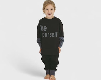 Kids “Be Yourself” Cotton Tee, Layered Sleeve Toddler T-Shirt, Minimalist Streetwear Top