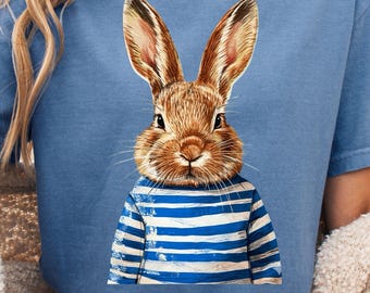 Watercolor Bunny Sweatshirt – Nautical Stripes, Animal Portrait Pullover