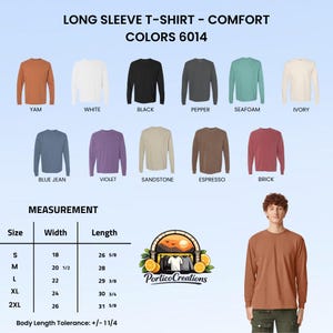 以下が含まれることがあります： 長袖Tシャツのカラーチャート。ヤム、ホワイト、ブラック、ペッパー、シーフォーム、アイボリー、ブルージーン、バイオレット、サンドストーン、エスプレッソ、ブリックの12色。Sから2XLまでのサイズに対応した、インチ単位の幅と長さを示す測定表が含まれています。