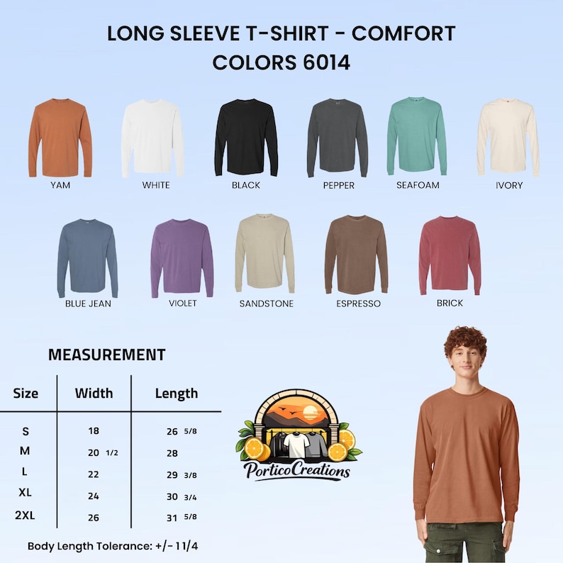 以下が含まれることがあります： 長袖Tシャツのカラーチャート。ヤム、ホワイト、ブラック、ペッパー、シーフォーム、アイボリー、ブルージーン、バイオレット、サンドストーン、エスプレッソ、ブリックの12色。Sから2XLまでのサイズに対応した、インチ単位の幅と長さを示す測定表が含まれています。