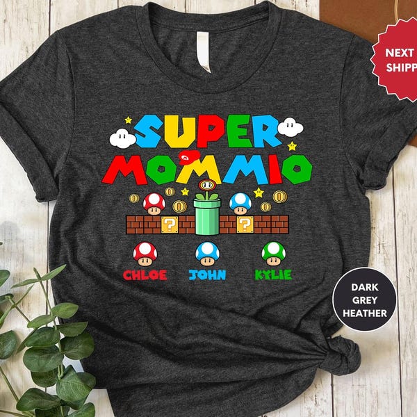 Personalized Super Mommio Shirt, Mothers Day Gift Tshirt, Gamer Mom Shirt, Custom Kids Name Mom Shirt, Super Mom Shirt, Best Gift for Moms