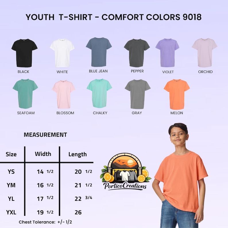 以下が含まれることがあります： Youth Comfort Colors 9018 Tシャツのカラーチャート。ブラック、ホワイト、ブルージーン、ペッパー、バイオレット、オーキッド、シーフォーム、ブロッサム、チョーキー、グレー、メロンの11色と、インチ単位のサイズ測定表が記載されています。