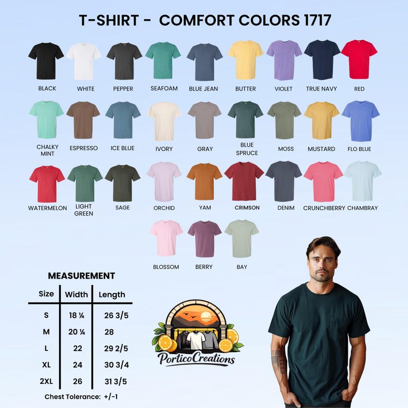 以下が含まれることがあります： Comfort Colors 1717 Tシャツのカラーチャート。Black, White, Pepper, Seafoam, Blue Jean, Butter, Violet, True Navy, Red, Chalky Mint, Espresso, Ice Blue, Ivory, Gray, Blue Spruce, Moss, Mustard, Flo Blue, Watermelon, Light Green, Sage, Orchid, Yam, Crimson, Denim, Crunchberry, Chambray, Blossom, Berry, Bayの29色展開。サイズ表とロゴが記載されています。