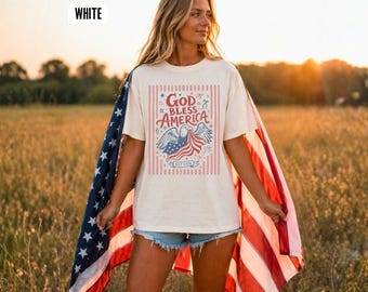 Striped 4th of July Shirt, God Bless America Shirt, Patriotic July 4th Tee, Retro USA Flag Shirt, Preppy America Graphic Tee, Red White Blue
