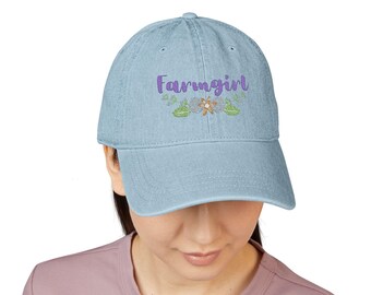 Farmgirl Floral Script Denim Hat, Embroidered Flower Accent