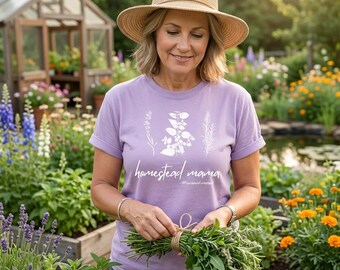 Homestead Mama floral herbs Tee | farmhouse gardening shirt | botanical script
