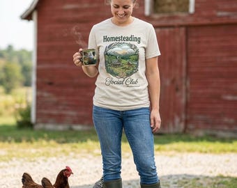 Homesteading Social Club T-Shirt | Farm Landscape, Rustic Cottage Scene, Garden, Chickens