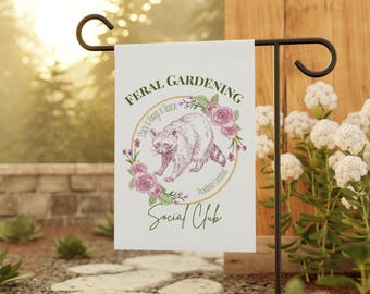 Feral Gardening Social Club garden flag | raccoon floral garden banner