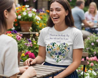 Floral Heart Bouquet Tee | Blue Yellow Flowers, Botanical Heart Design | Friend Gift