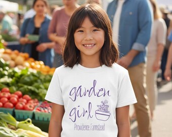 Garden Girl kids tee | purple plant illustration