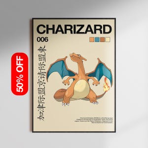 May include: A rectangular wall poster featuring a central illustration of the orange dragon-like creature Charizard with blue wings and a flaming tail. The text reads CHARIZARD 006, includes Japanese characters, and a descriptive paragraph at the bottom.