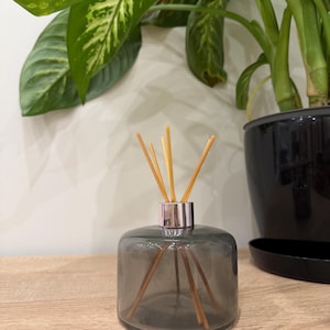 Difusor de varetas em vidro artístico soprado à mão – Cinza fumê minimalista, com colar prateado.