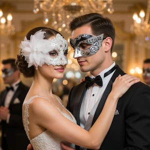 May include: A couple in formal attire, wearing decorative masks, dance at a masquerade ball. The woman wears a white lace mask with a flower, and the man wears a silver and black mask. Other guests are in the background.