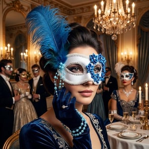 May include: A white and blue masquerade mask with a large blue feather, worn by a person in a blue velvet dress. The mask is decorated with blue floral accents and dangling beads. The scene is set at a formal event.