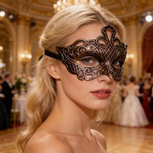 May include: A bronze-coloured masquerade mask with detailed scrollwork and a diamond pattern. The mask is worn with a black strap. The background shows a ballroom with people and chandeliers.