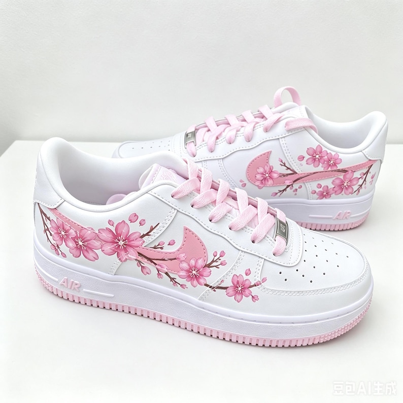 Pode incluir: Um par de t&eacute;nis brancos com atacadores rosa claro e um design de flores de cerejeira pintado &agrave; m&atilde;o em tons de rosa e castanho nas laterais. Os sapatos t&ecirc;m uma sola branca com rasto rosa, um log&oacute;tipo Nike rosa e placas prateadas.