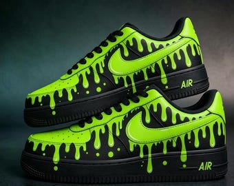 Tênis Air Force 1 Verde Neon com Detalhes em Gotas – Personalizado e Pintado à Mão para Estilo Streetwear, Ideal para Aniversário ou Formatura