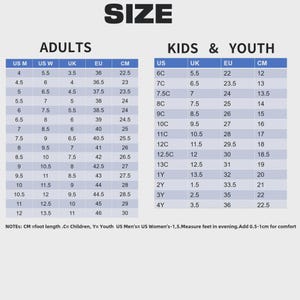 Pode incluir: Uma tabela de convers&atilde;o de tamanhos de cal&ccedil;ado com duas sec&ccedil;&otilde;es intituladas ADULTS e KIDS & YOUTH. A tabela mostra medidas em US, UK, EU e CM. O texto na parte inferior indica: CM = comprimento do p&eacute;, C = crian&ccedil;as, Y = jovens, US Men's = US Women's - 1.5, Medir os p&eacute;s &agrave; noite, Adicionar 0.5-1 cm para conforto.
