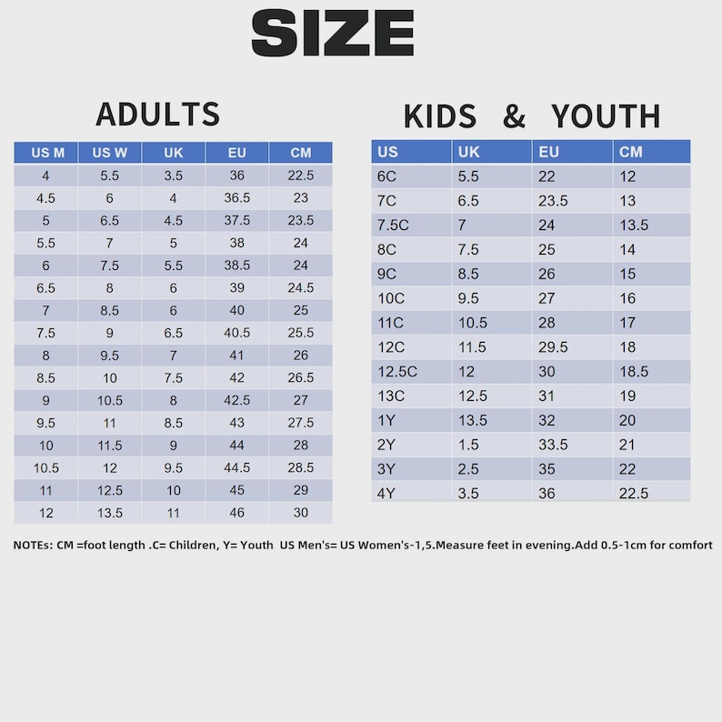 Pode incluir: Uma tabela de convers&atilde;o de tamanhos de cal&ccedil;ado com duas sec&ccedil;&otilde;es intituladas ADULTS e KIDS & YOUTH. A tabela mostra medidas em US, UK, EU e CM. O texto na parte inferior indica: CM = comprimento do p&eacute;, C = crian&ccedil;as, Y = jovens, US Men's = US Women's - 1.5, Medir os p&eacute;s &agrave; noite, Adicionar 0.5-1 cm para conforto.
