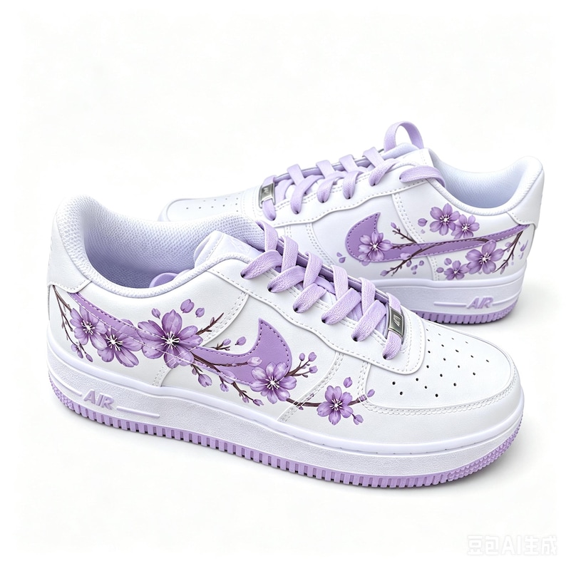 Pode incluir: Um par de t&eacute;nis brancos com um design floral de flores de cerejeira roxas pintado nos pain&eacute;is laterais e no swoosh da Nike. Os sapatos incluem atacadores roxos a condizer, uma entressola branca com o texto AIR e uma sola de borracha roxa.