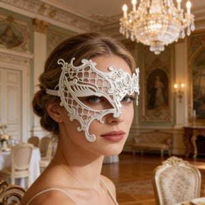 Könnte beinhalten: Eine weiße, verzierte Maske für einen Maskenball mit einem filigranen, durchbrochenen Design. Die Maske hat ein symmetrisches Muster mit dekorativen Verzierungen und wird mit einem dünnen Riemen befestigt. Die Maske wird von einer Person in einem eleganten Ambiente getragen.