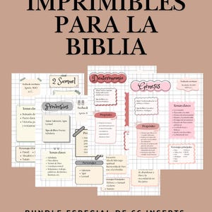 Könnte beinhalten: Ein digitaler Download von druckbaren Bibeleinlagen. Das Bild zeigt mehrere rosa und weiße Mindmaps mit Text auf Spanisch, darunter "Proverbios", "2 Samuel" und "Deuteronomio". Der Titel lautet "INSERTS IMPRIMIBLES PARA LA BIBLIA."