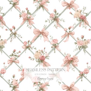 May include: Seamless pattern featuring watercolor roses and bows in shades of pink and cream, arranged on a white background with a light green trellis design. The text "Seamless Pattern" is displayed.