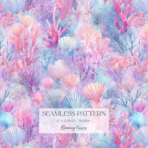 May include: A seamless pattern featuring watercolor illustrations of seashells and coral in shades of pink, purple, and blue. The text "SEAMLESS PATTERN" and "12 x 12 INCH - 300DPI" are displayed on a white rectangle.