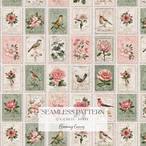 May include: Seamless pattern featuring postage stamp designs with floral and bird illustrations in shades of pink, green, and cream. The text "Seamless Pattern" and "Blooming Canvas Studio" are included.