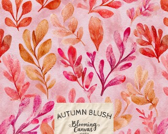 Motif botanique automnal sans couture, feuilles d'automne à l'aquarelle, imprimé automnal style cottagecore, papier numérique rose et rouge, motif floral pour tissu