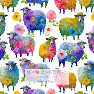 May include: Seamless pattern featuring watercolor sheep adorned with colorful flowers. The sheep are in various colors, including purple, blue, yellow, and pink. The pattern includes the text "SEAMLESS PATTERN" and "12 x 12 INCH - 300DPI".
