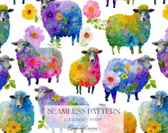 Floral Sheep Seamless Pattern, Bright Colourful Farm Animal Print, Whimsical Nursery Design, Watercolour Lambs on White Digital Paper