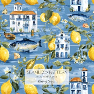 Könnte beinhalten: Nahtloses Muster mit Aquarellillustrationen von Zitronen, Fischen und Gebäuden auf blauem Hintergrund. Das Design umfasst gelbe Zitronen, blaue Fische, weiße Gebäude mit orangefarbenen Dächern und grünes Laub. Das Muster ist 30,48 x 30,48 cm groß.