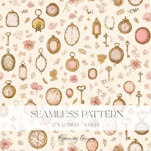 Vintage Trinkets Seamless Pattern, Clocks Pocket Watches Keys & Lockets, Antique Jewellery Digital Paper, Feminine Scrapbook Craft