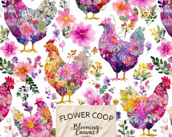 Floral Chicken Seamless Pattern, Bright Colourful Farmhouse Print, Cute Quirky Watercolour Hen Design, Whimsical Cottagecore Digital Paper