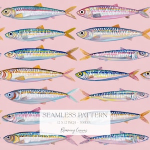 Colourful Sardine Seamless Pattern, Preppy Fish Print on Pale Pink Background, Trendy Mediterranean Design, Cute Coastal Digital Paper