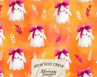 Motif sans couture de fantômes portant des nœuds, papier numérique de fantômes coquets mignons, motif aquarelle pour tissu d'Halloween, papier peint en tissu effrayant