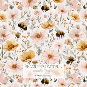 Op de afbeelding: Een naadloos patroon met aquarelillustraties van hommels, lichtroze cosmosbloemen en goudgele bloesems op een witte achtergrond. De tekst luidt SEAMLESS PATTERN, 12 X 12 INCH - 300DPI, en Blooming Canvas Studio.
