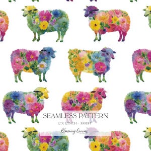 May include: A seamless pattern featuring watercolor illustrations of sheep adorned with colorful floral designs. The sheep are depicted in various colors, including pink, yellow, blue, and green. The text "SEAMLESS PATTERN" is displayed, along with the dimensions 12 x 12 inches.