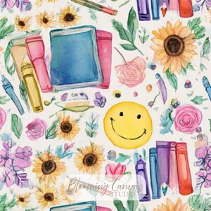 Peut inclure: Un motif répétitif composé d'illustrations à l'aquarelle de livres, de tournesols, de roses roses et d'un visage souriant jaune sur fond blanc. Le texte Blooming Canvas Studio est visible en police cursive en bas au centre de l'image.