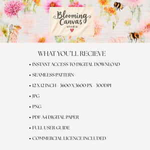Peut inclure: Un t&eacute;l&eacute;chargement num&eacute;rique avec un motif floral de fleurs roses et orange et d'abeilles. Le texte indique Blooming Canvas studio avec une ic&ocirc;ne de c&oelig;ur. Il liste les sp&eacute;cifications : 12 x 12 pouces, 3600 x 3600 px, 300 DPI, JPG, PNG, papier num&eacute;rique PDF A4, guide utilisateur et licence commerciale.