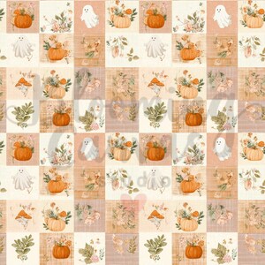 Peut inclure: Un motif r&eacute;p&eacute;titif de carr&eacute;s pr&eacute;sentant des citrouilles orange, des fant&ocirc;mes blancs et des illustrations botaniques de champignons et de feuillage sur un fond &agrave; carreaux beige clair et orange doux avec un filigrane.