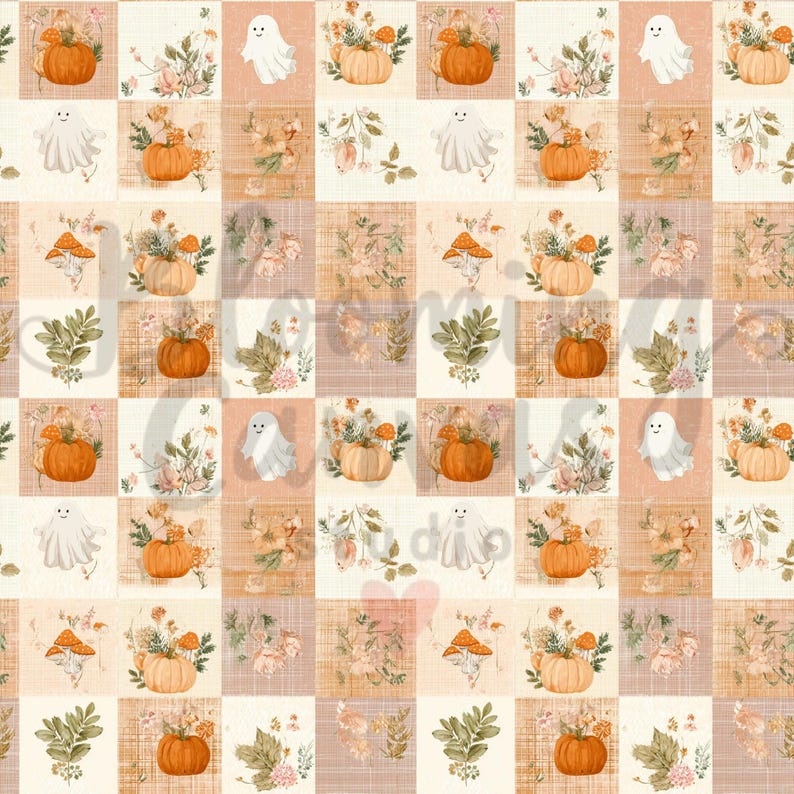 Peut inclure: Un motif r&eacute;p&eacute;titif de carr&eacute;s pr&eacute;sentant des citrouilles orange, des fant&ocirc;mes blancs et des illustrations botaniques de champignons et de feuillage sur un fond &agrave; carreaux beige clair et orange doux avec un filigrane.
