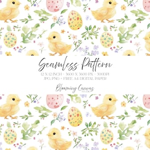 May include: A seamless pattern with yellow chicks, decorated Easter eggs, and floral elements in green, purple, and yellow on a white background. The pattern includes the text "Seamless Pattern" and "12 x 12 inch".