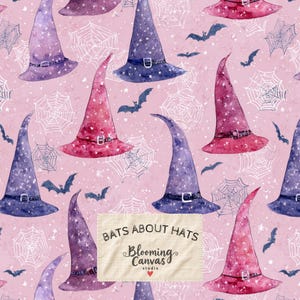 Padrão sem costura de morcegos e chapéus de bruxa, papel digital de Halloween com chapéu de bruxa rosa, padrão assustador em aquarela, estampa de tecido com morcegos e teias de aranha.