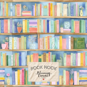 Puede incluir: Un patrón repetitivo de una estantería con filas de libros coloridos, plantas en macetas y jarrones sobre un fondo azul. Una etiqueta rectangular en el centro muestra el texto "BOOK NOOK Blooming Canvas studio" con un pequeño corazón rojo.