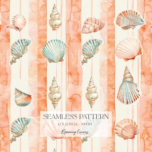 May include: A seamless pattern featuring watercolor illustrations of various seashells in shades of peach, coral, and teal, arranged over vertical stripes of soft orange and cream. The text reads SEAMLESS PATTERN 12 X 12 INCH - 300DPI Blooming Canvas.