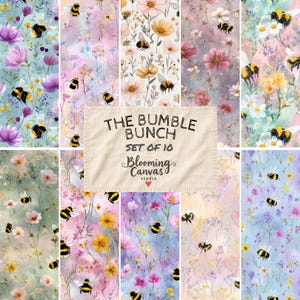 May include: A digital collection of ten floral patterns featuring bumblebees and various wildflowers in pastel shades of pink, blue, yellow, and purple. A central cream-coloured label displays the text THE BUMBLE BUNCH SET OF 10 Blooming Canvas studio.